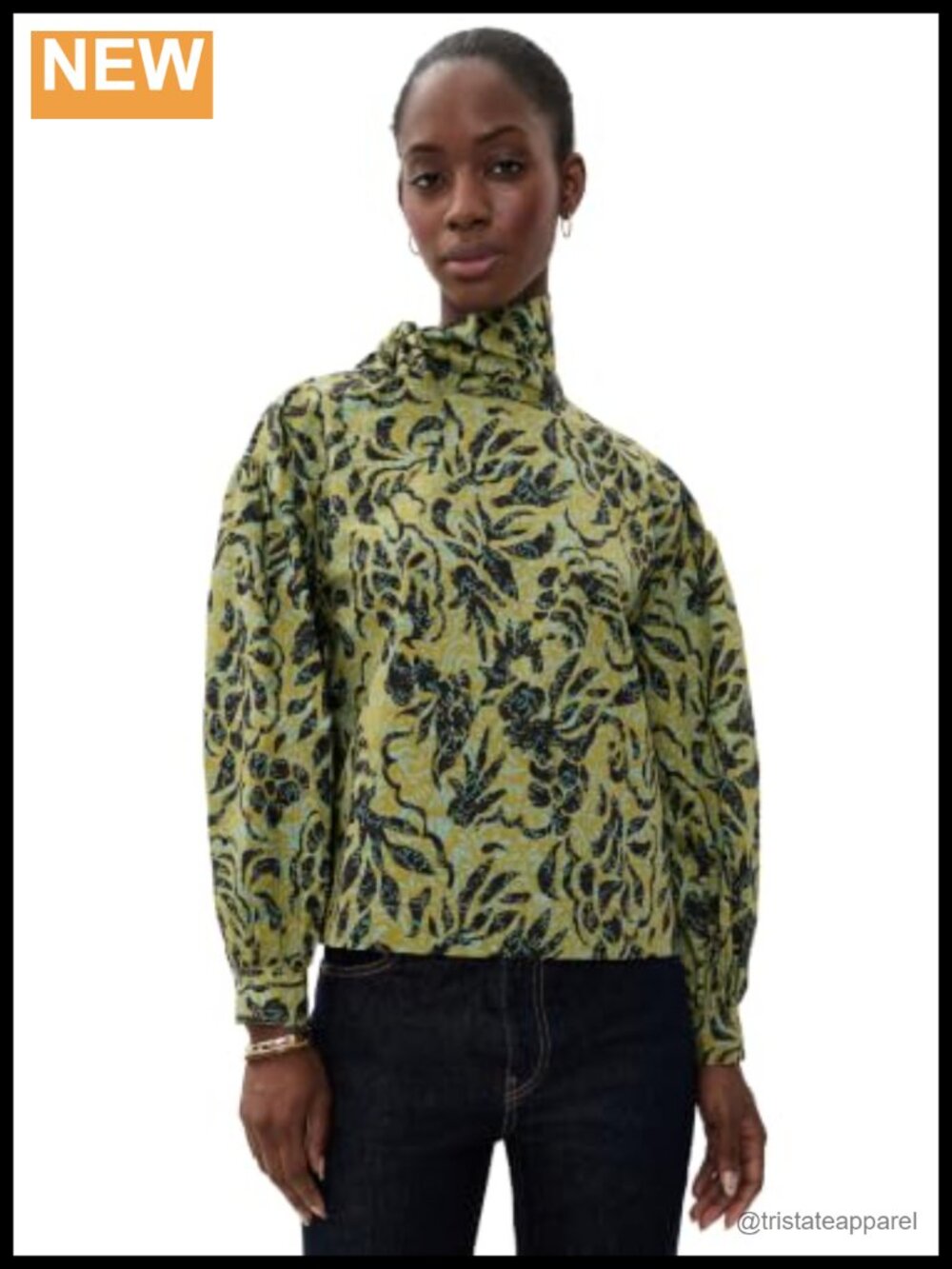 Ulla Johnson Cotton Poplin Mock Neck Blouse Long Sleeve Button Cuff Tie